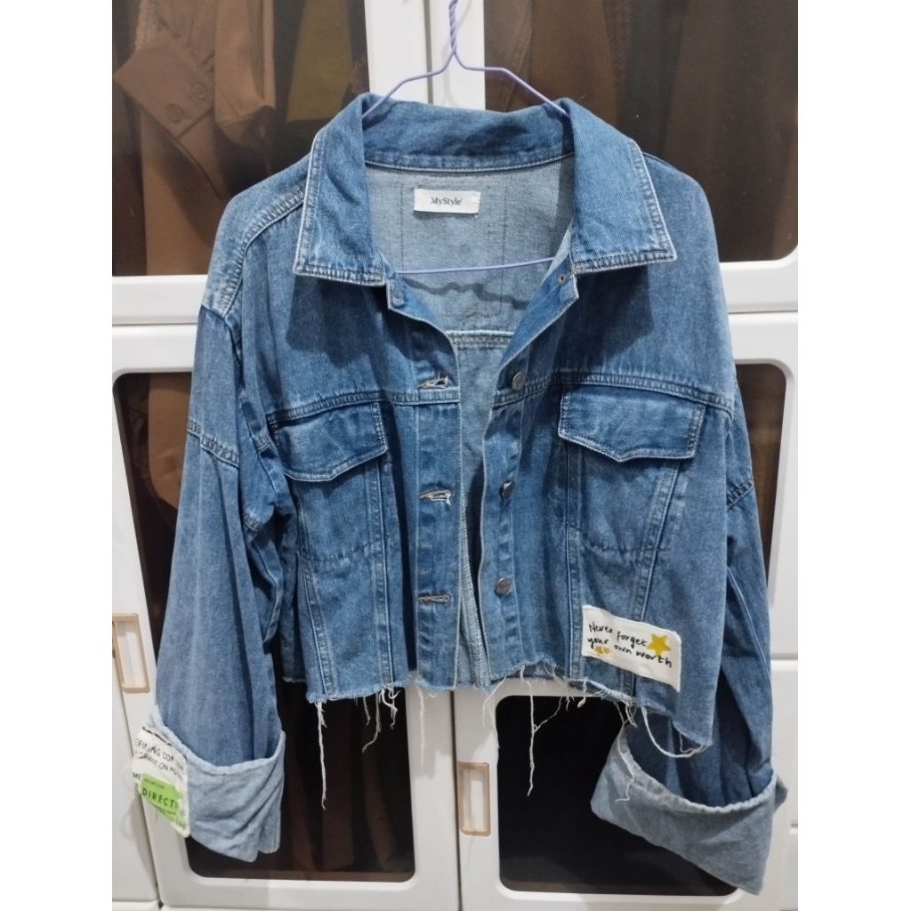 pl atasan jaket jeans mystle wanita crop top denim biru
