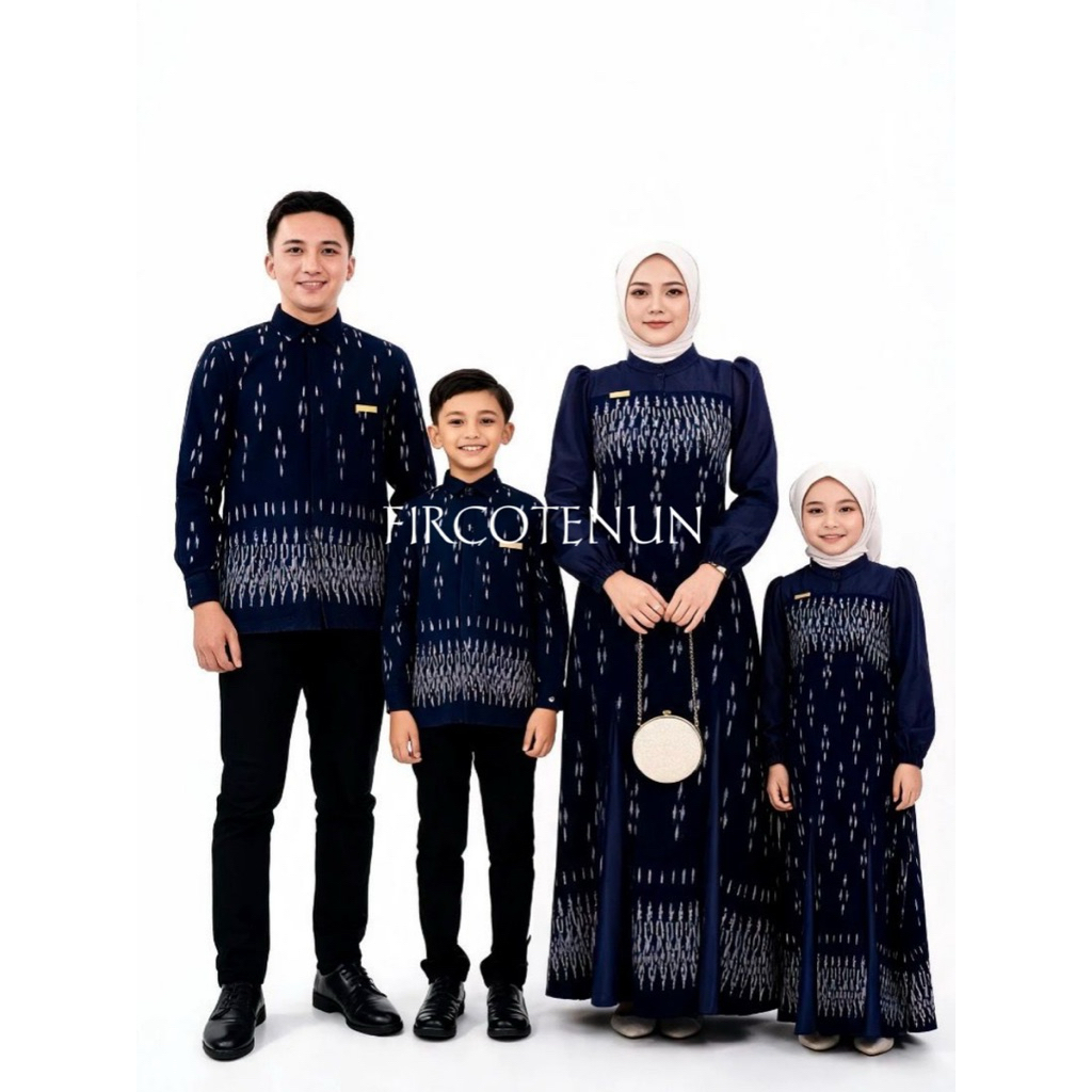 Couple Keluarga Tenun Kinanti Navy - Sarimbit Keluarga Tenun - Kemeja Tenun Pria & Dress Tenun Wanit