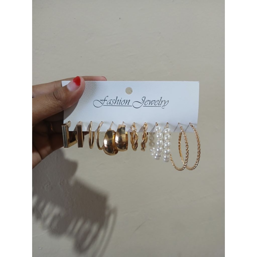 Preloved 6 Set Anting Hoop Kotak Emas Perak Elegan Anting Mutiara Hati Untuk Aksesoris Perhiasan Wan