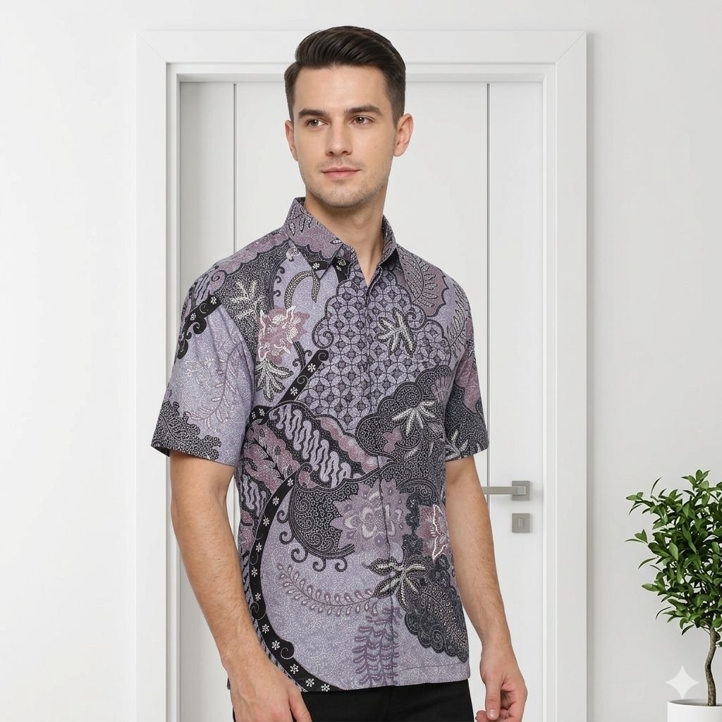 Kemeja Batik Pria Lengan Pendek Katun Premium Berfuring Warna Lilac