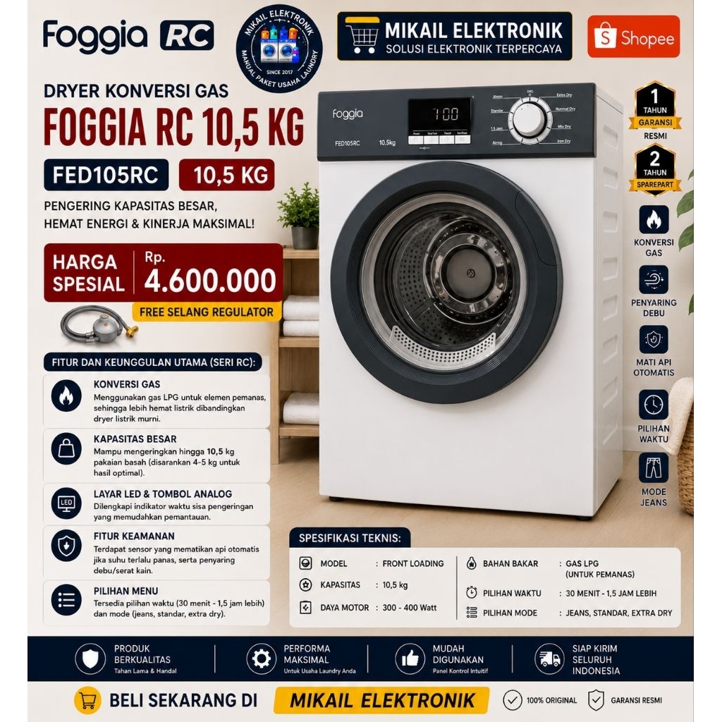 MESIN PENGERING LAUNDRY DRYER KONVERSI GAS FOGGIA 10.5KG
