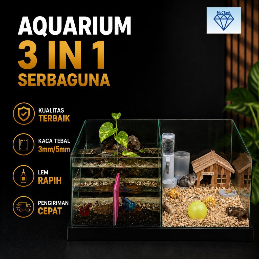 Aquarium Ikan Hias Multifungsi - Aquarium Kaca 3 in 1 - Aquarium Serbaguna Untuk Hamster - Aquarium 