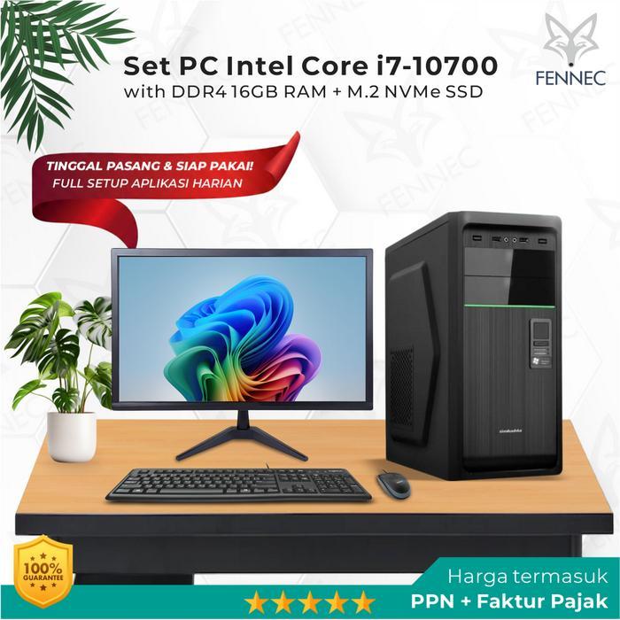 Set PC Komputer Intel Core i7-10700 Gen-10 RAM 16GB SSD Rakitan Office - Monitor 24" Inch, SSD NVMe 