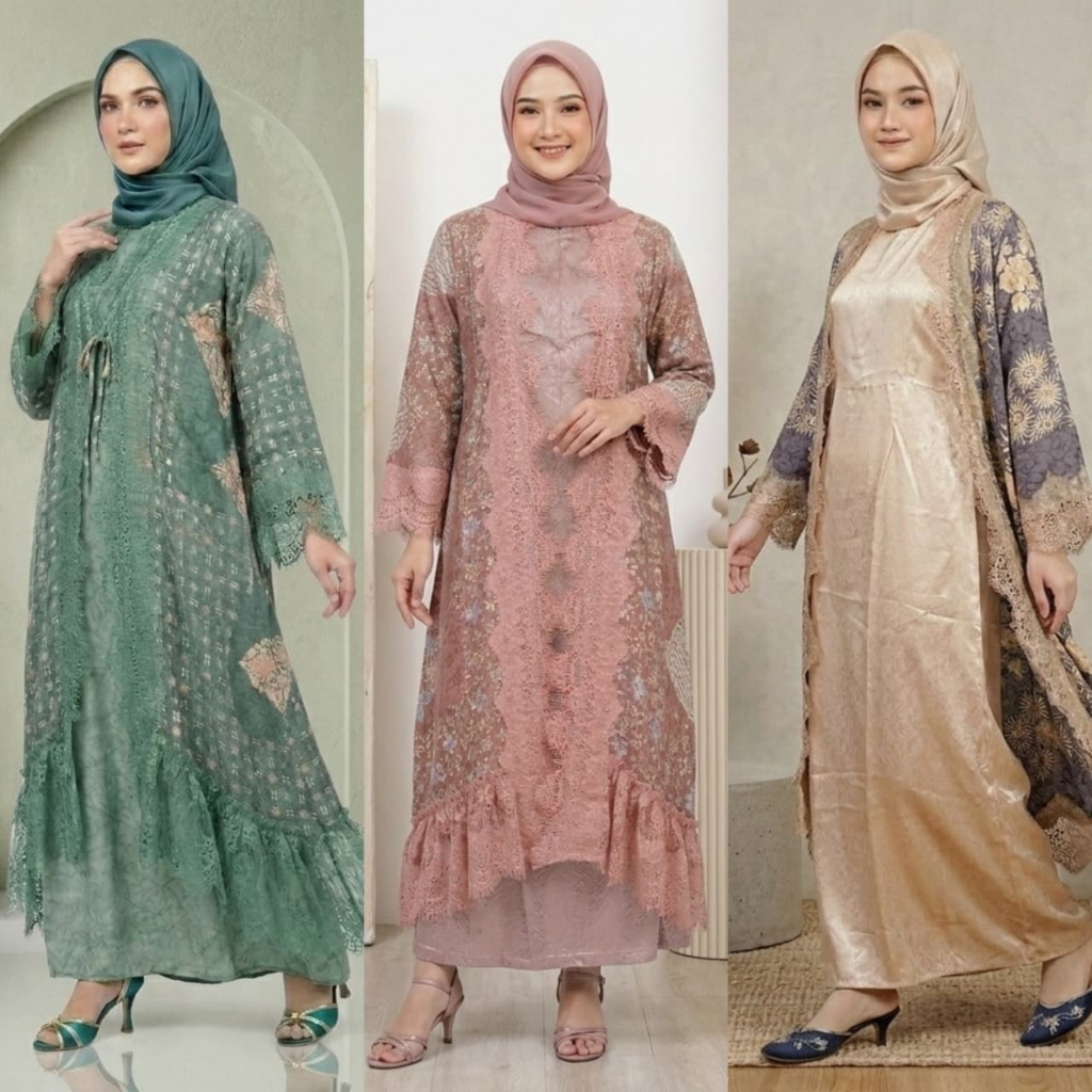 One Set Outer Gamis Batik Viscose | Set Batik Premium Wanita Elegan | Gamis Lebaran