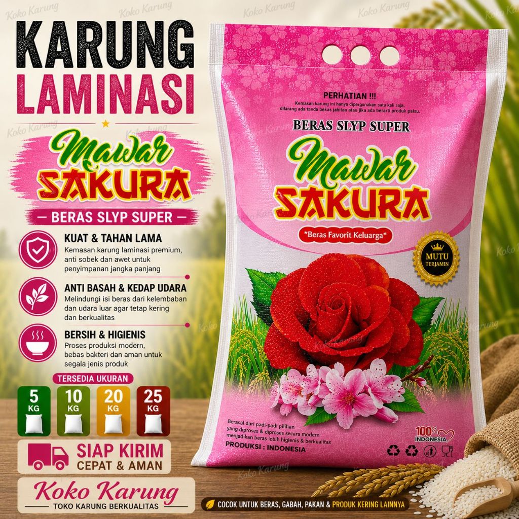 Karung Laminasi MAWAR SAKURA Karung Beras Premium 5kg 10kg 20kg 25kg | Karung Beras Anyaman Plastik 