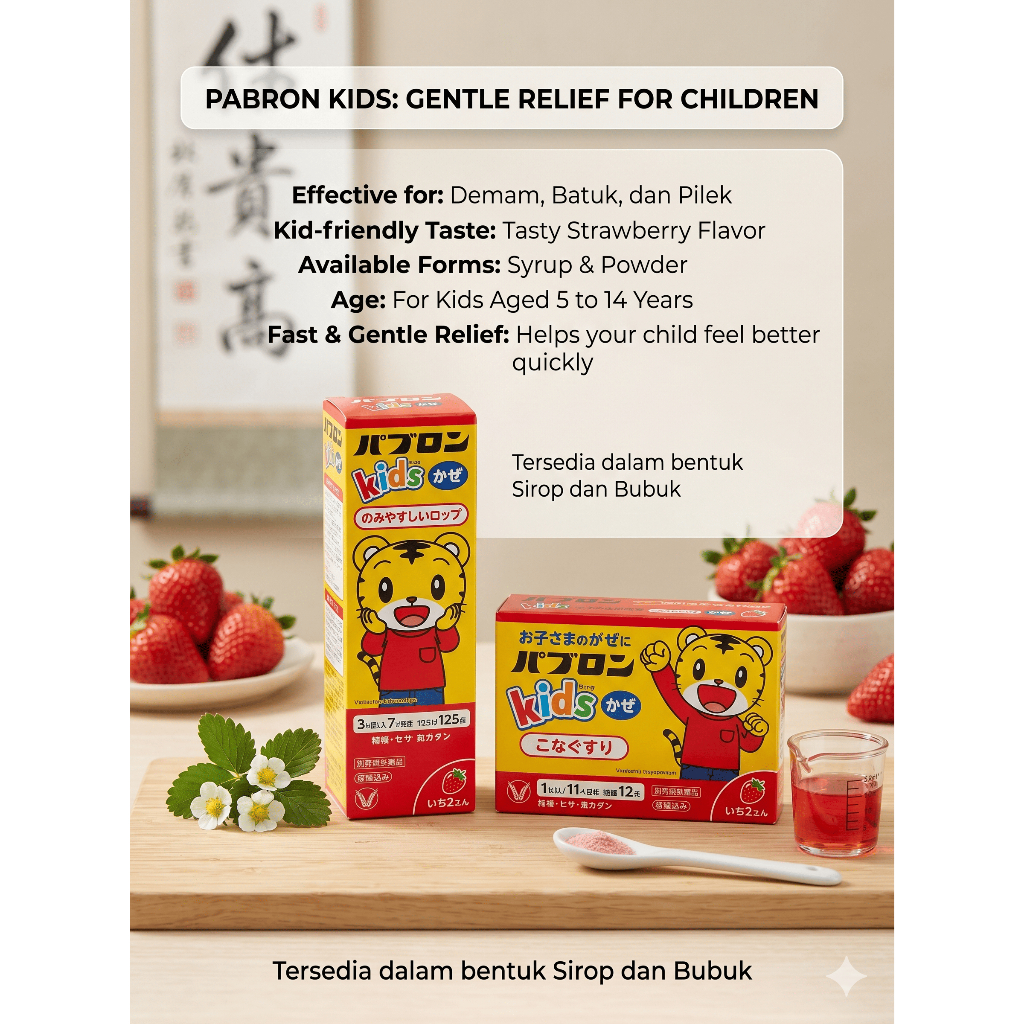 Pabron Kids - Serbuk Obat Demam Batuk Anak dengan Rasa Strawberry, Praktis untuk Anak