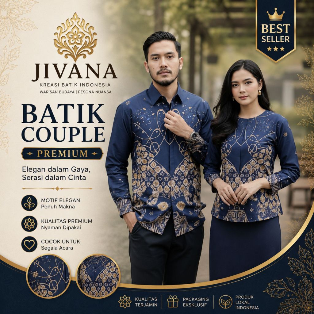 Batik Jivana. Batik Couple Biru Navy Mewah, Kemeja Dan Blouse Bahan Katun Lapis Furing. Seragaman, P
