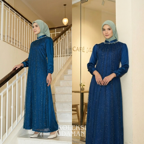 Elena Dress Maxmara Mix Tile Plus Payet Mutiara Premium Gamis A - line Emerald Blue Mewah Elegan Pes