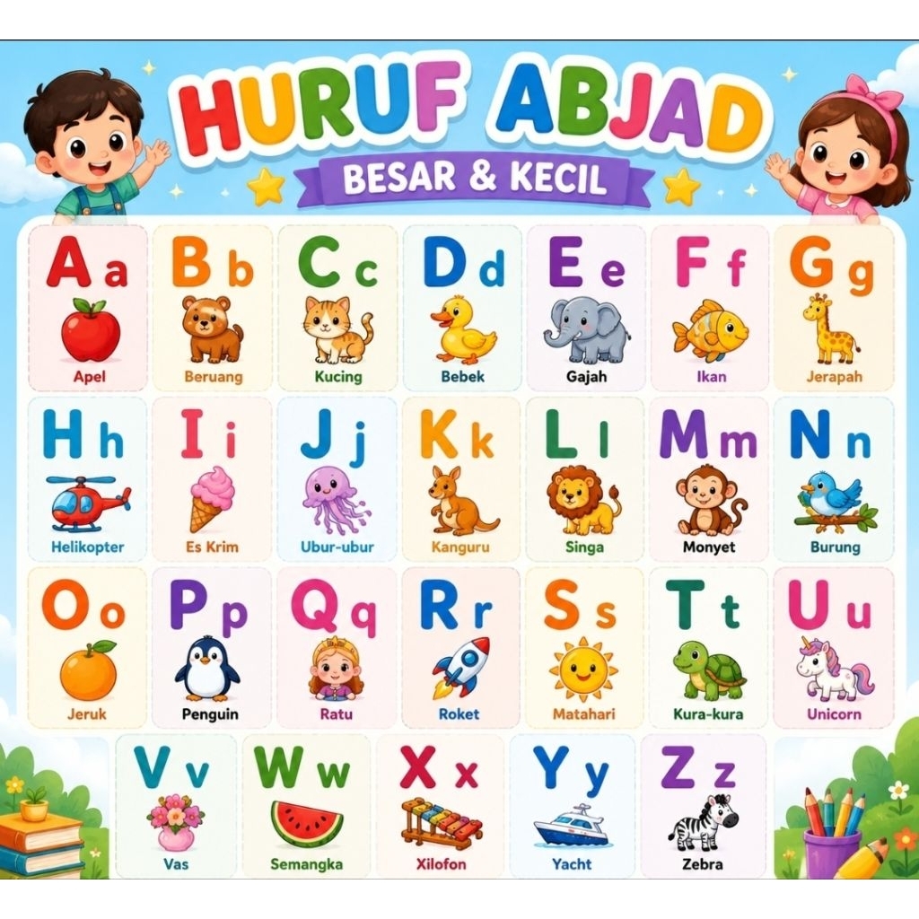 POSTER A3 HURUF ABJAD BESAR DAN KECIL LUCU ANAK PINTAR