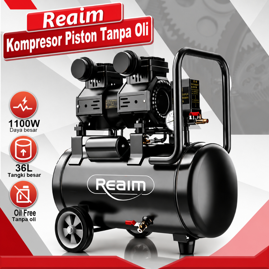 Reaim Kompresor Angin Listrik 36L Oilless Kompresor Listrik 1100W Mesin Pompa Angin Kompresor