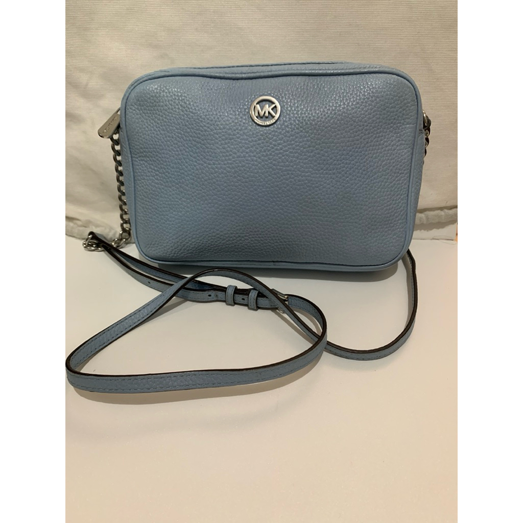 Authentic MK Pale Blue Leather Camera Shoulder Bag