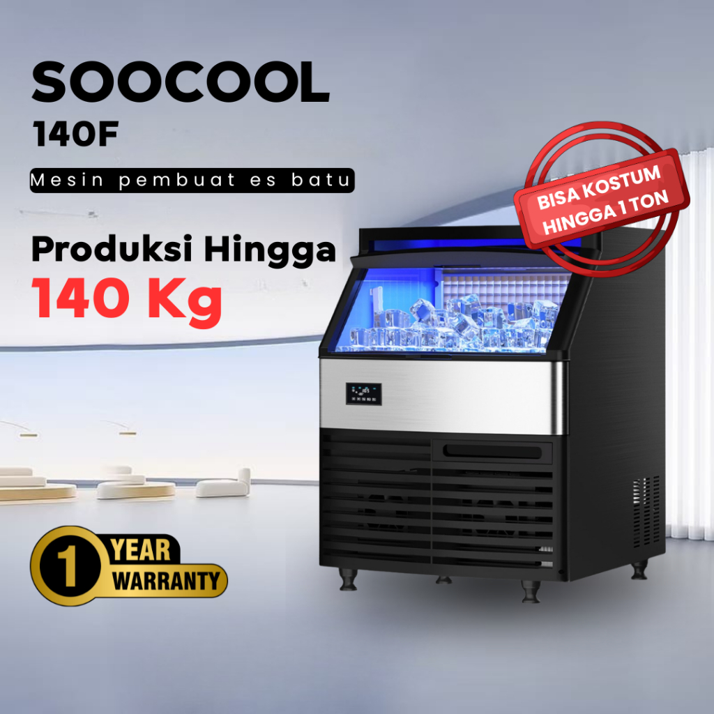 SOOCOOL 140F Mesin Es Batu Komersial 140KG/24 Jam Daya 500W Kompresor Wanbao