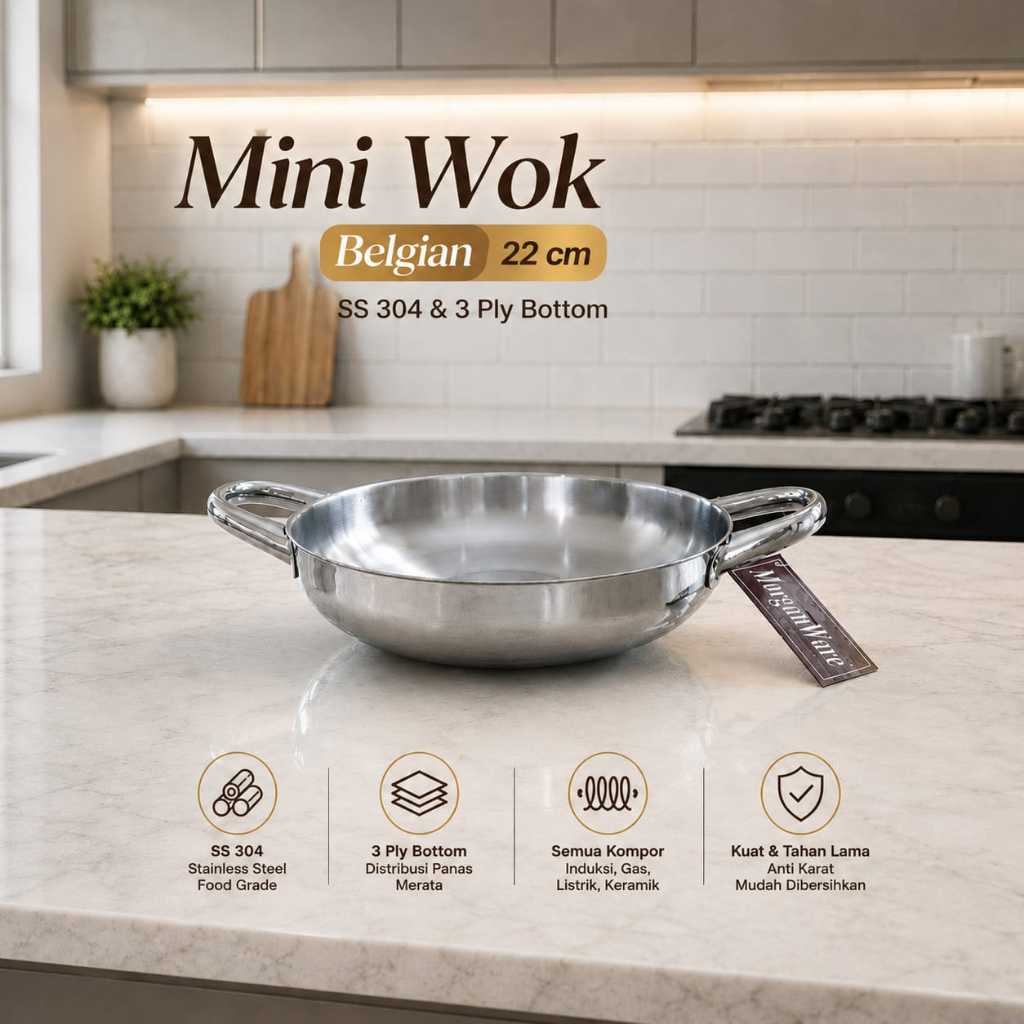 Bima Mini Wok Belgian 22cm SS 304 3 Ply Bottom