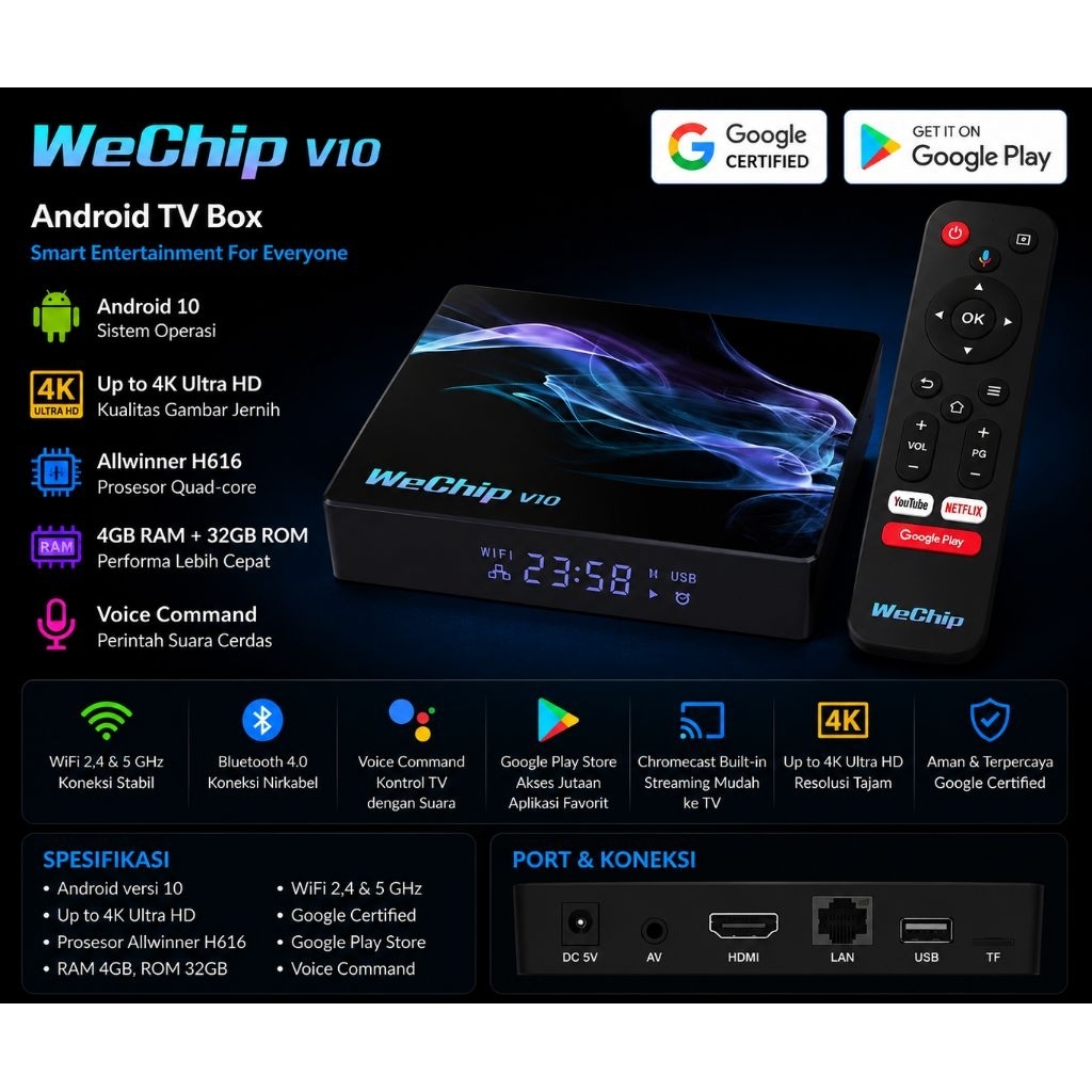 STB ANDROID BOX WECHIP V10 4/32GB ROOT UNLOCK FULLSET SIAP PAKAI