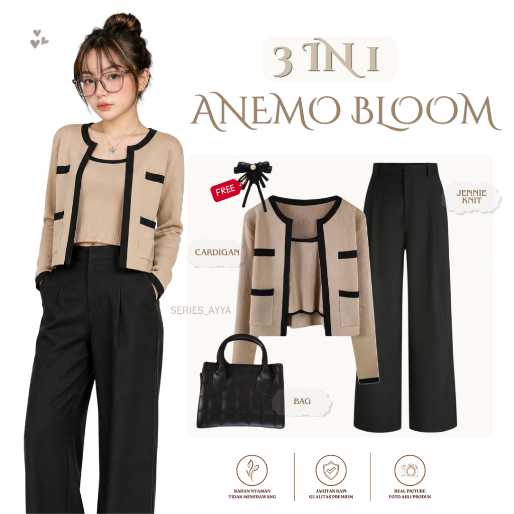 Sweater Rajut Set Kekinian (Celana Jennie Cardigan Rajut Tanktop) Outfit Cream Elegant AY-14