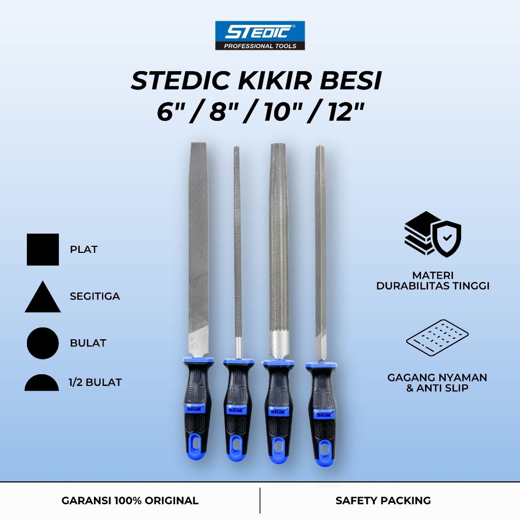 Kikir Besi 6" 8" 10" 12" Inch - Plat / Segitiga / Bulat / 1/2 Bulat - Steel File Kasar Halus Logam G