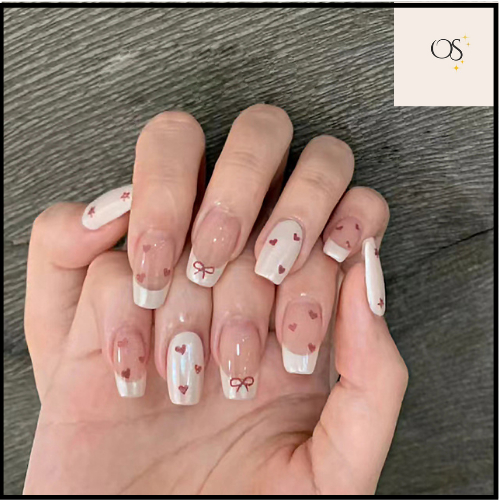 Kuku Palsu (FREE LEM) Motif Hati Pita Kecil Lucu Cantik Kuku Nail Art Premium Wisuda Sekolah Kantor 