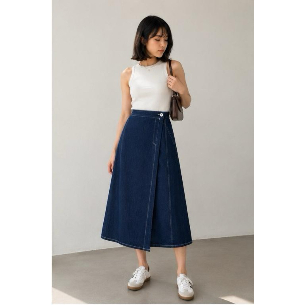 Rok Panjang Maxi Skirt Jeans Denim Korea Pleated Wrap Skirt