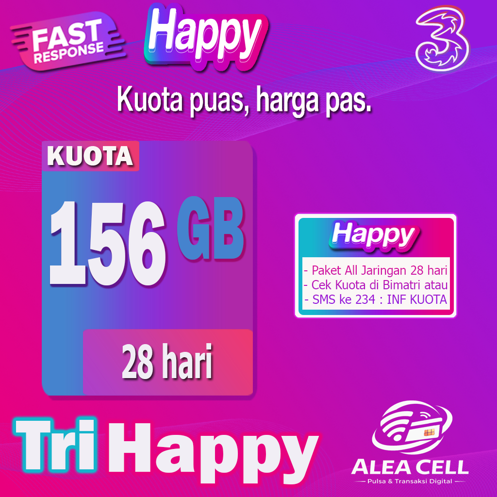 Kuota Tri Bulanan Happy 156GB 100 GB, Tri AON 40 + 12 GB Full 24 Jam Langsung Aktif