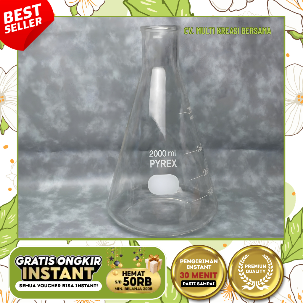 LABU ERLENMEYER 2000 ML / 2 LITER PYREX | PYREX ERLENMEYER FLASK 2000 ML BOROSILICATE GLASS, GELAS L