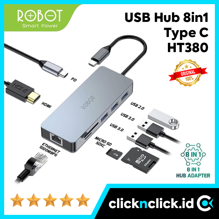 ROBOT HT380 8in1 - USB Hub Type C to HDMI LAN RJ45 3x USB SD Card Micro TF PD Power Delivery Charge 