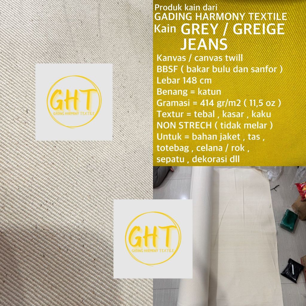 ( per 25 cm ) kain grey greige jeans jean canvas kanvas twill 11,5 oz BBSF katun non strech lebar 14