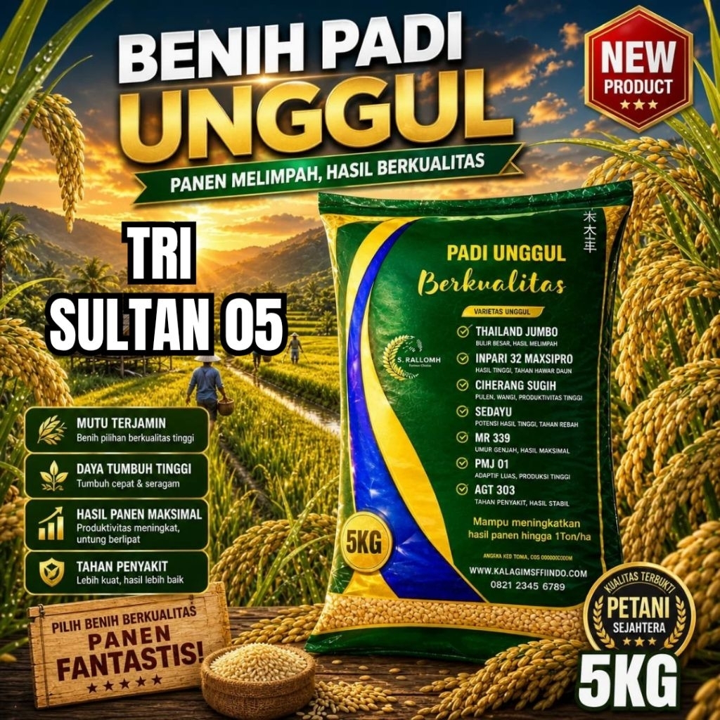 BENIH PADI UNGGUL TRI SULTAN 05 KEMASAN 5,KG BENIH PADI KUALITAS ORIGINAL