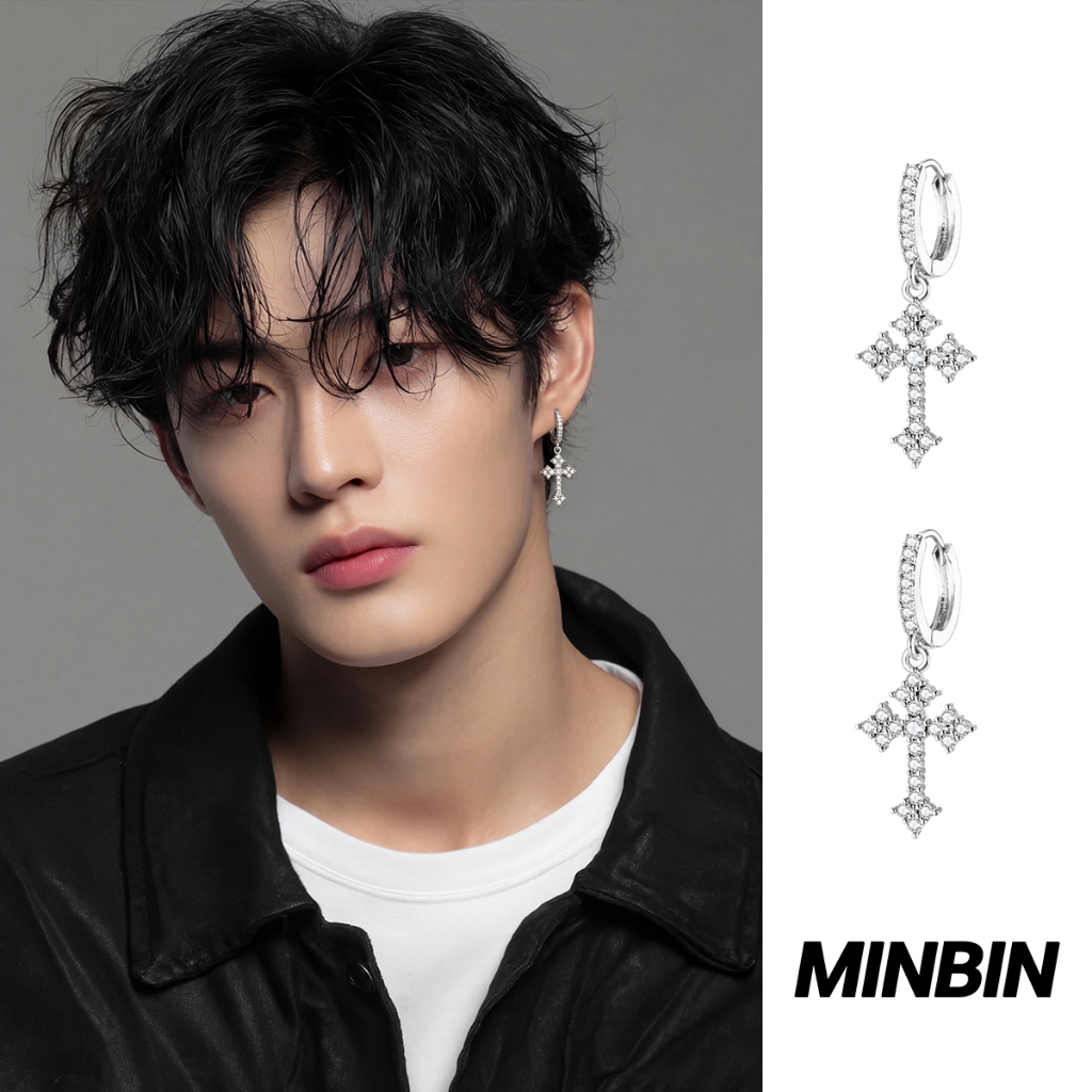 MINBIN Anting Gantung Salib Berlian Pria Titanium Anti Alergi Gaya Korea Mewah