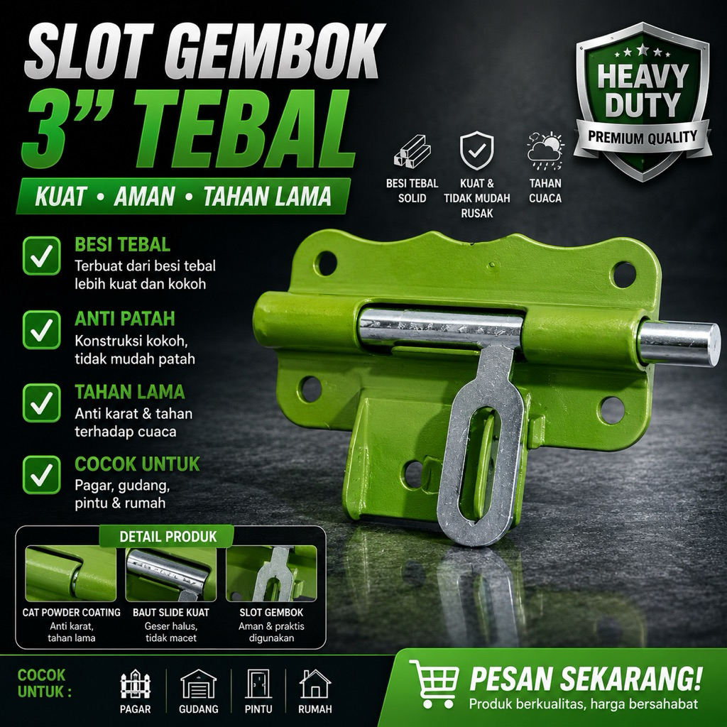 Grendel Slot Gembok Pintu Top 3” | Slot Gembok Pintu Rumah | Plat Stainless Silver Slot Selot | Slot