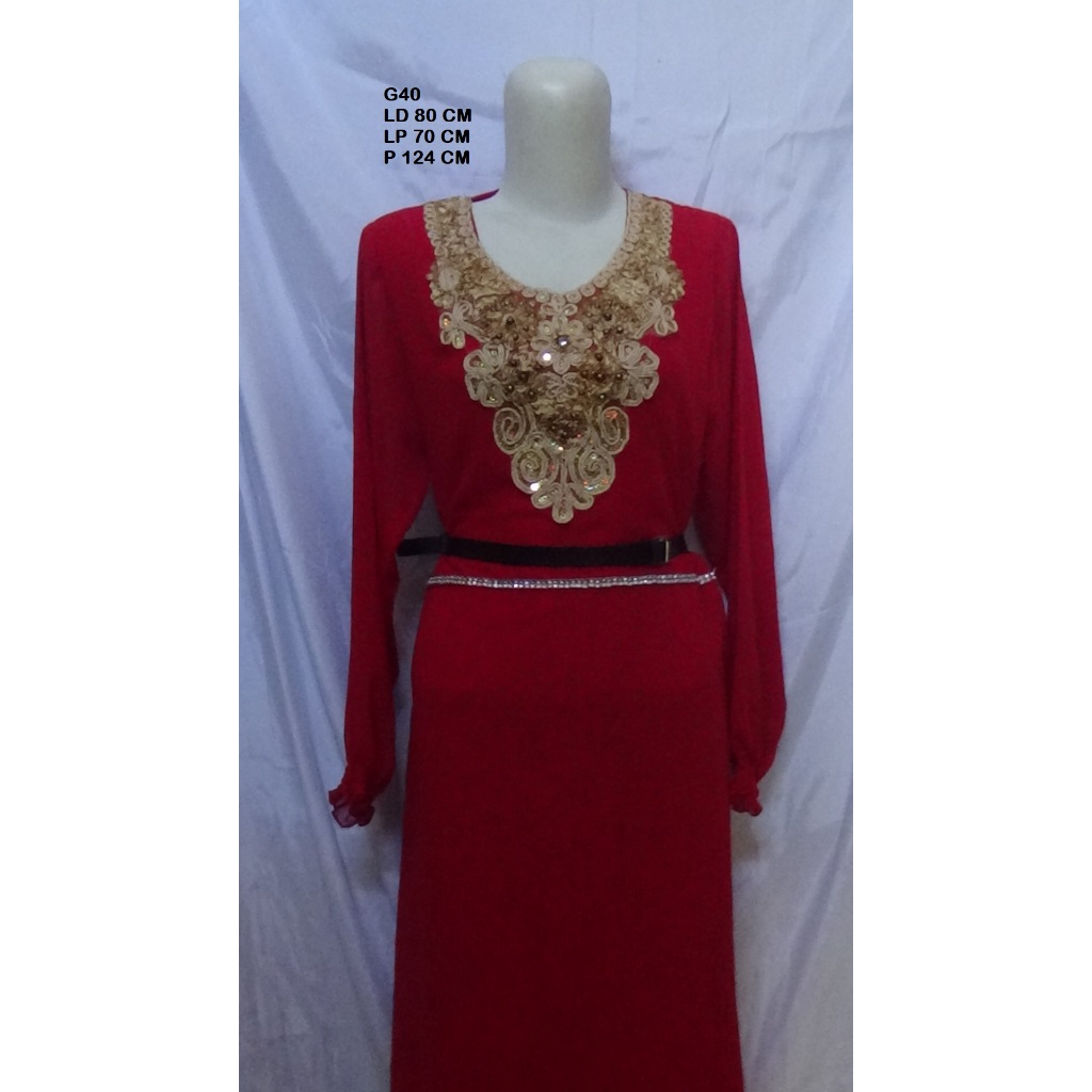 G40 Gamis Dress Wanita Merah Marun Aksen Payet Emas / Baju Pesta Kondangan Mewah