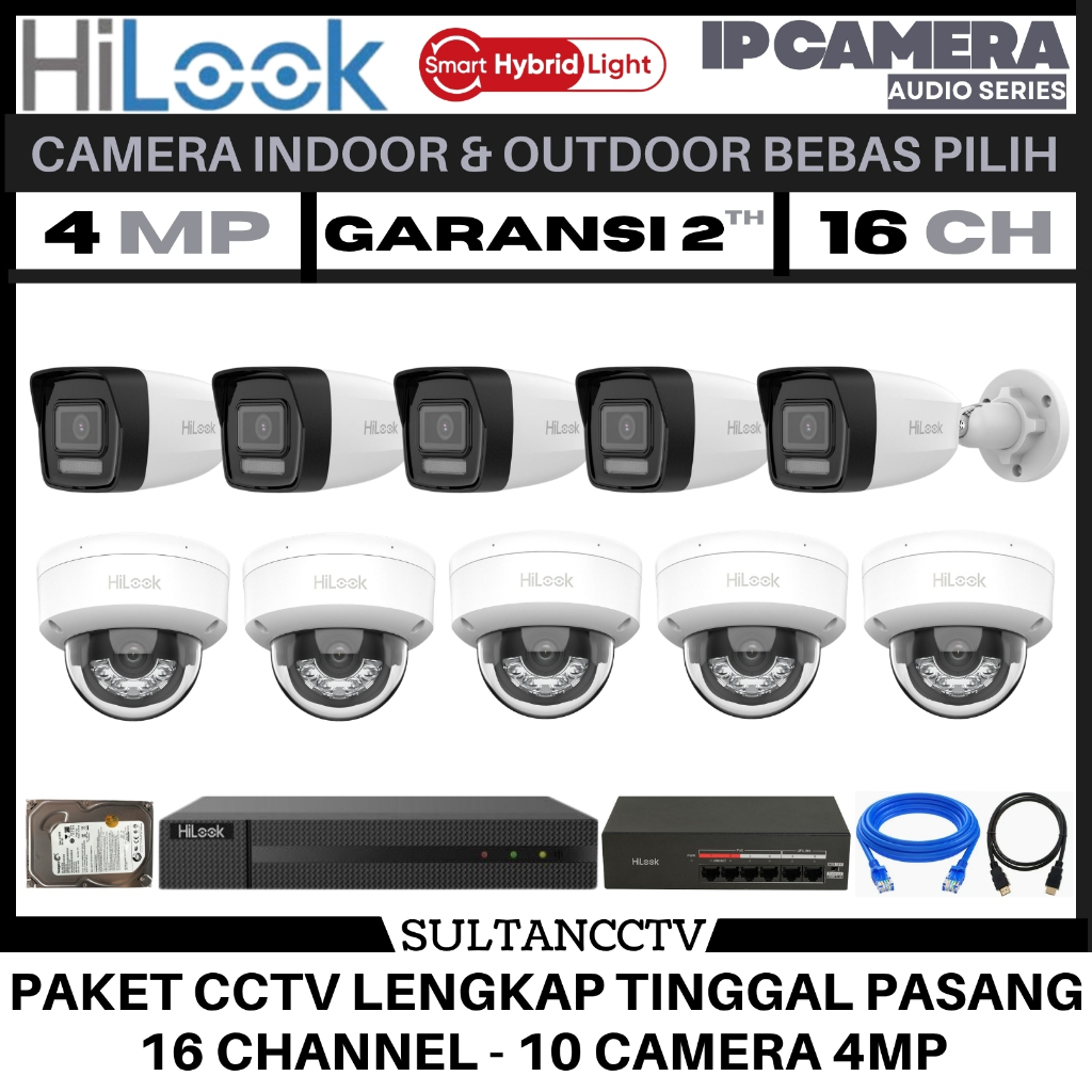 Paket Cctv Hilook 16 Channel 10 Kamera 4mp Ip Camera Smart Hybrid Light Audio Series Komplit Pantau 