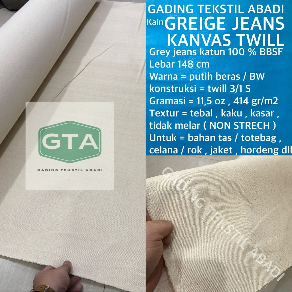 ( per setengah meter ) kain greige jeans katun BBSF blacu belacu grey kanvas canvas twill jean tebal
