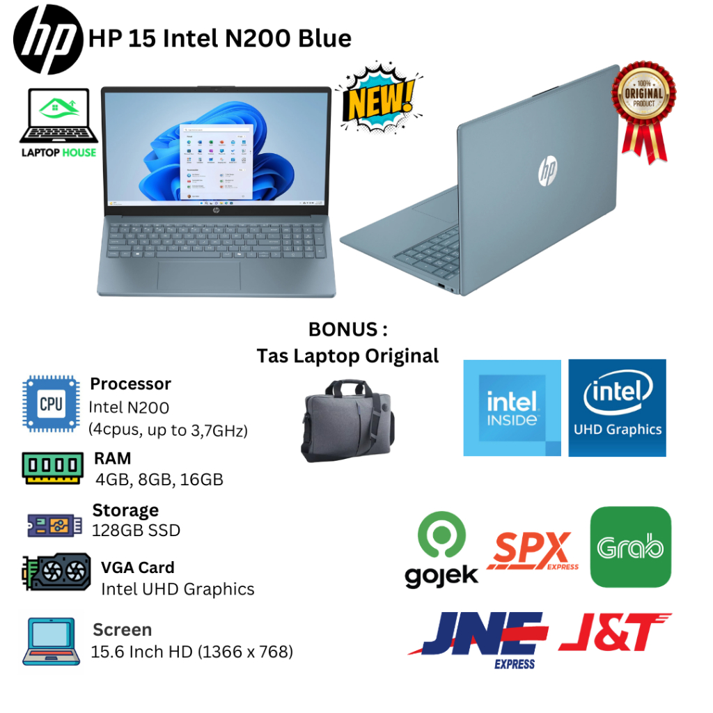 Laptop baru Hp 15 Intel Pentium N200  4Cpus 3,7Ghz