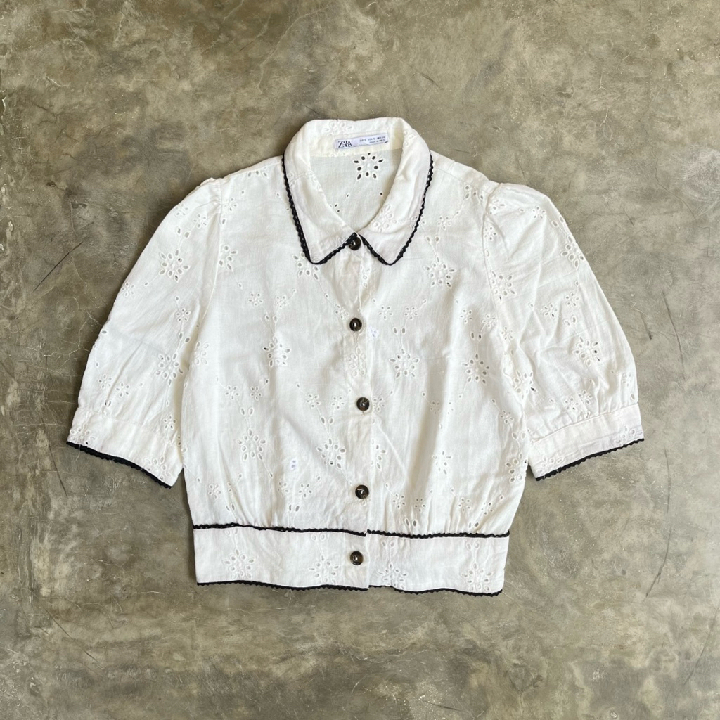 Zara cropped blouse featuring all-over eyelet embroidery