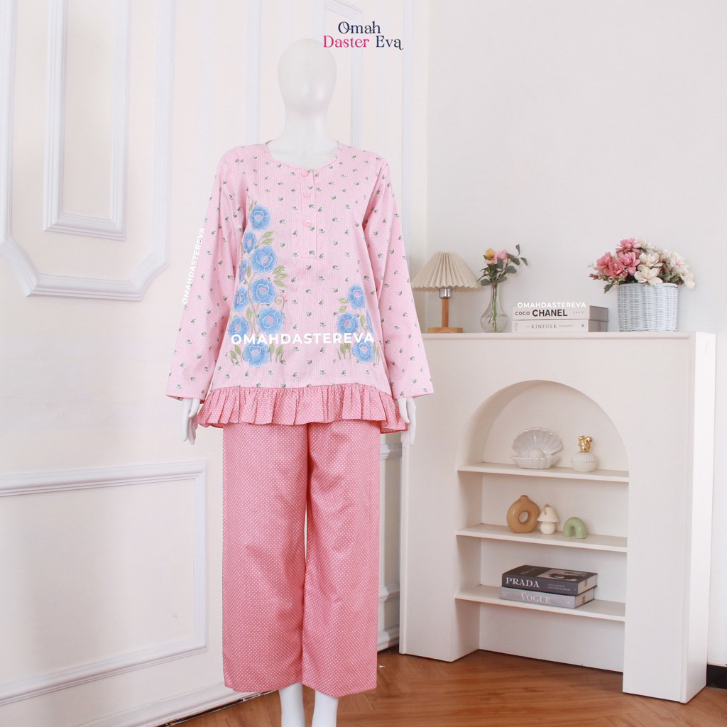 Omah Daster Eva | Piyama Set Bordir Cantik Malang Size L | Katun Jepang Premium |  Adem Nyaman