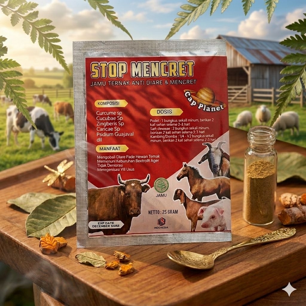 STOP MENCRET 25gr Cap Planet - Obat Mencret Hewan Ternak Ampuh Sapi Pedet Kambing Domba Babi - Jamu 