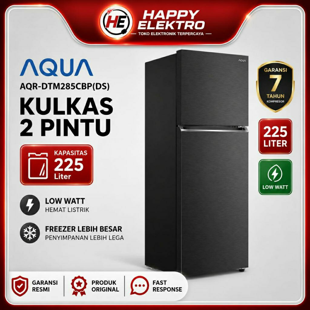 AQUA AQR-DTM285CBP(DS) Kulkas 2 Pintu 225L Low Watt Freezer Jumbo Garansi Resmi
