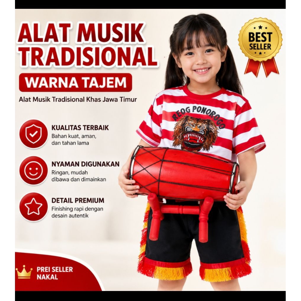 Alat Musik Tradisional Kendang Reog Ponorogo Anak Mainan Edukasi Jawa Timur Warna Tajem