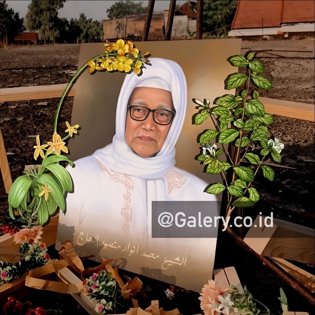 Lukisan KH. M. Anwar Manshur Lirboyo Kediri diatas Papan MDF ukuran 30x40 poster Ulama dan Habib, Po