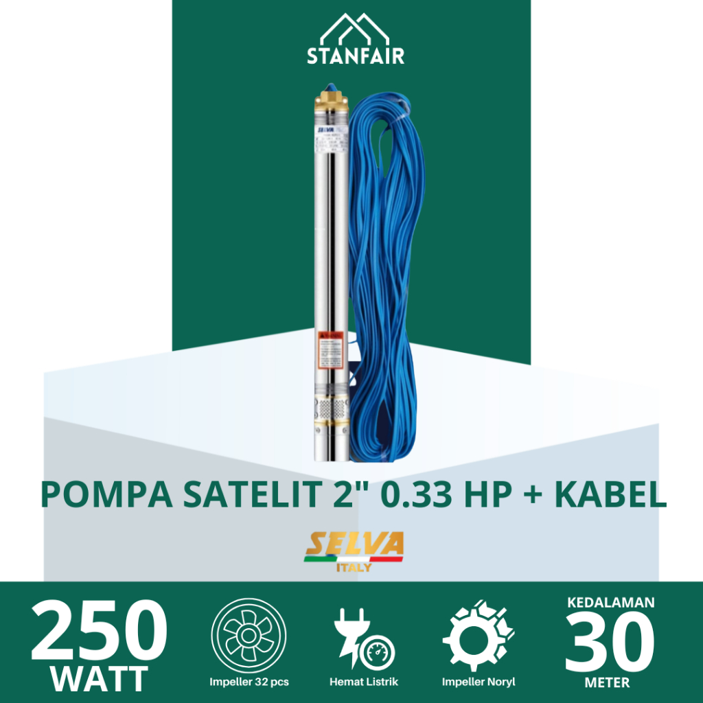 Selva Pompa Satelit 2 Inch 0.33 HP + 30 Meter Kabel Biru / Pompa Submersible Impeller Plastik + Kabe