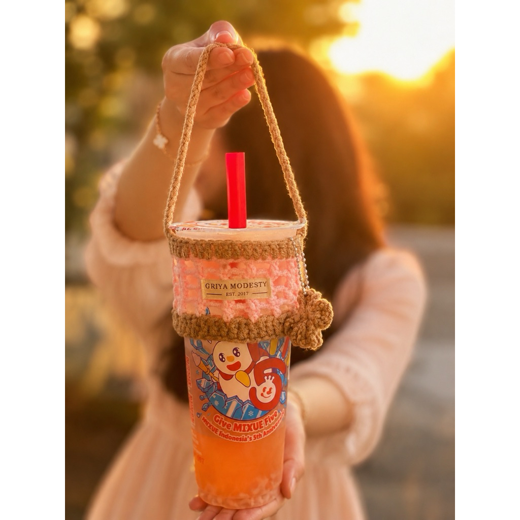 Cup Sleeve Rajut Handmade Estetik Custom Warna Crochet Holder Gelas Kopi Boba Tumblr Pastel Cafe Ser