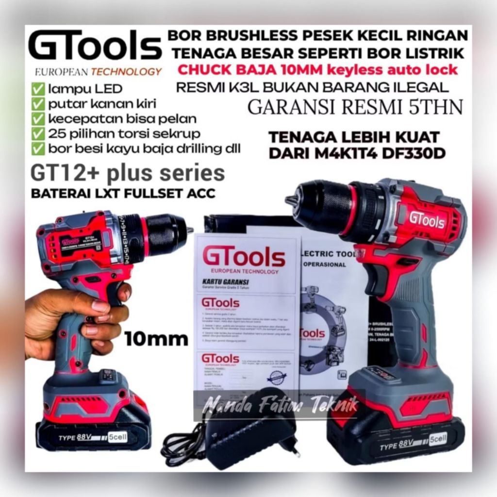Bor baterai bor cordlles GTOOLS GT12+ MESIN BOR CORDLESS BRUSHLESS 10MM AUTO LOCK  GTOOLS GT 12