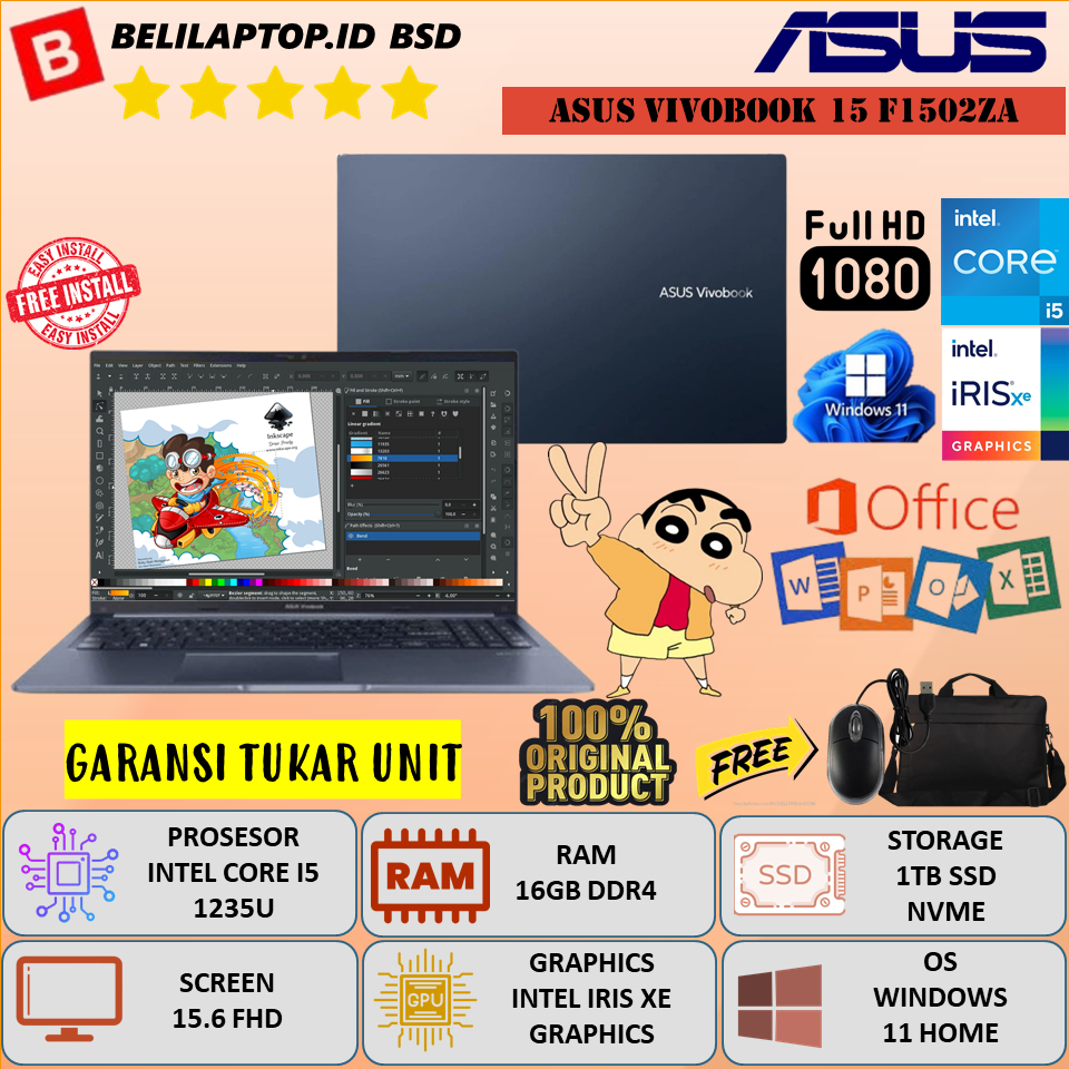 ASUS Vivobook F1502ZA Laptop Baru Intel Core i5 1235U 16GB 1TB SSD 15.6 Inch
