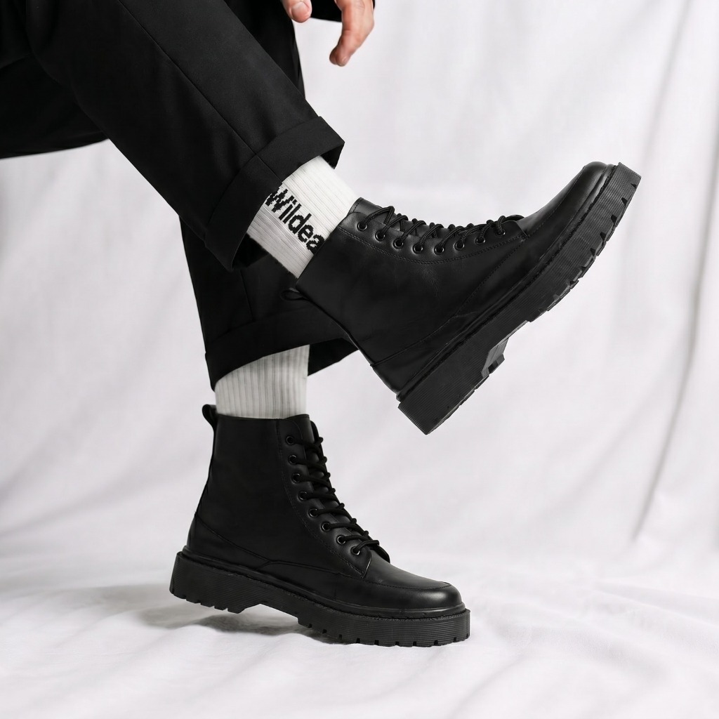 MOSES Sepatu Pria Boots Kulit Asli Hitam Hak Tinggi Pria Kerja