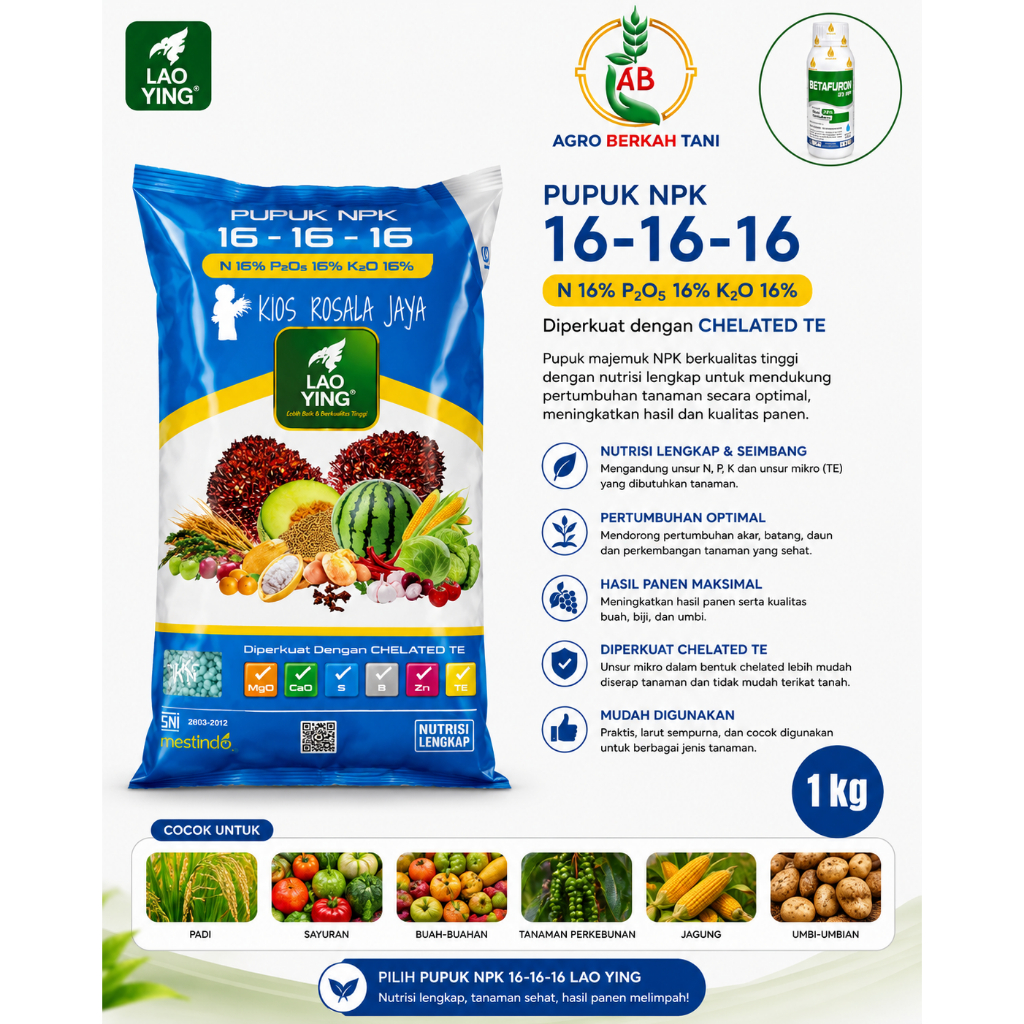 Pupuk NPK Mutiara 16 16 16 1kg LaoYing Pupuk Buah Bunga Akar Tanaman Kemasan Asli / Pupuk NPK Mutiar
