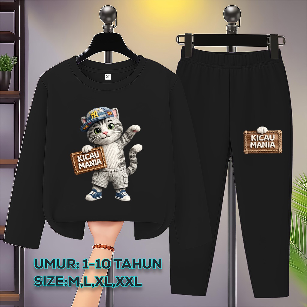 Setelan Anak Motif Kucing Joget Kicau Mania Baju Anak Umur 1-10 Tahun Lengan Panjang Kicau Mania