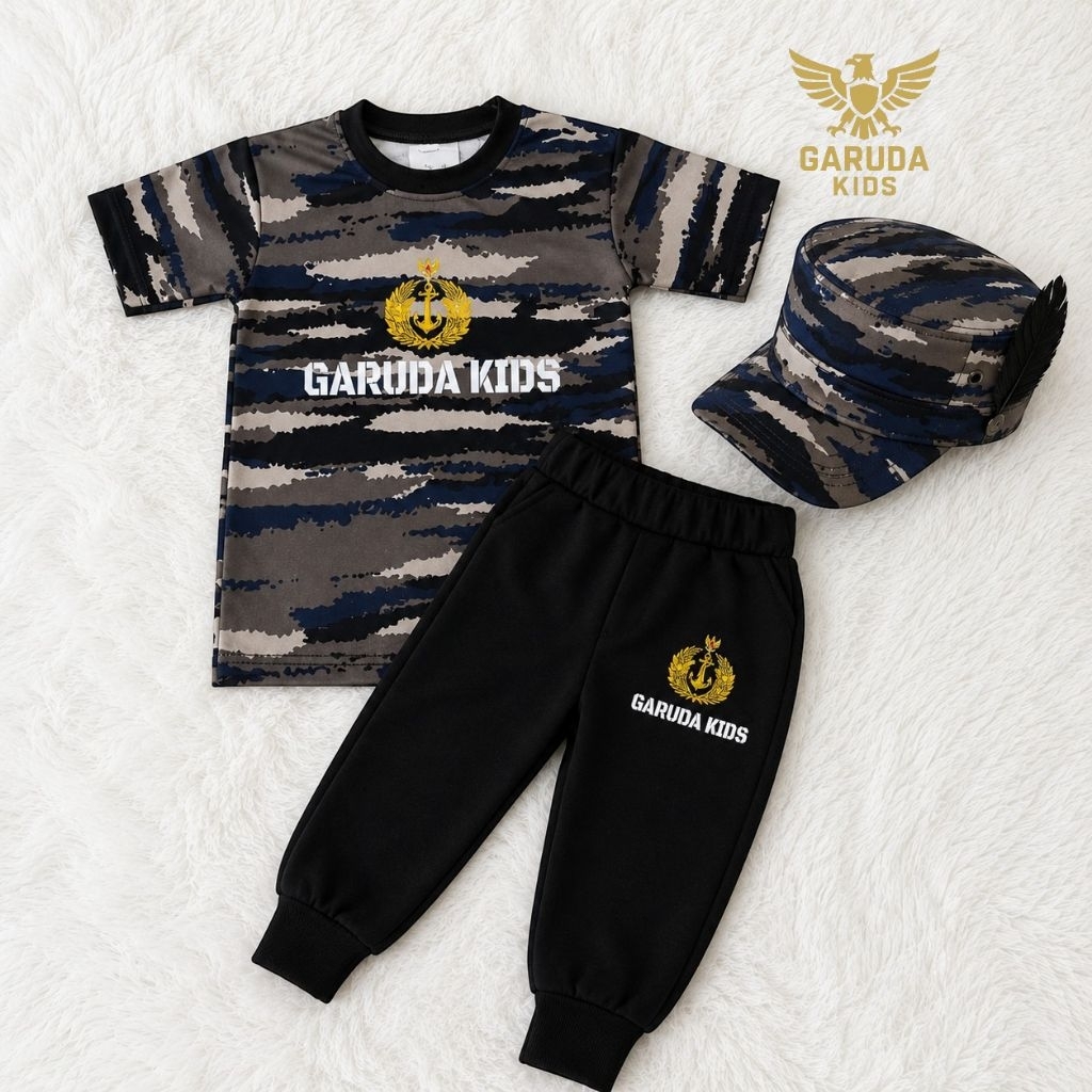 SETELAN KAOS TENTARA ANAK PANJANG FREE TOPI PET LORENG MALVINAS || BAJU ANAK LORENG TENTARA || TOPI 