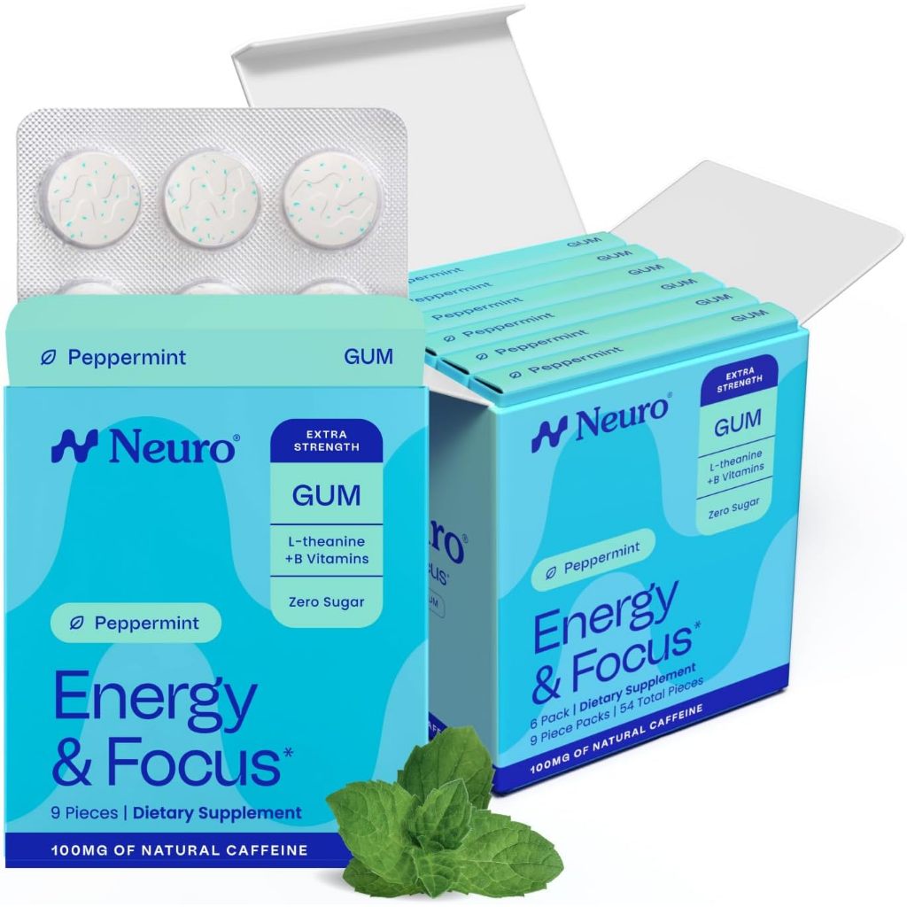 Neuro Energy & Focus Gum Extra Strength Peppermint 9 Pcs Caffeine Nootropic L-Theanine