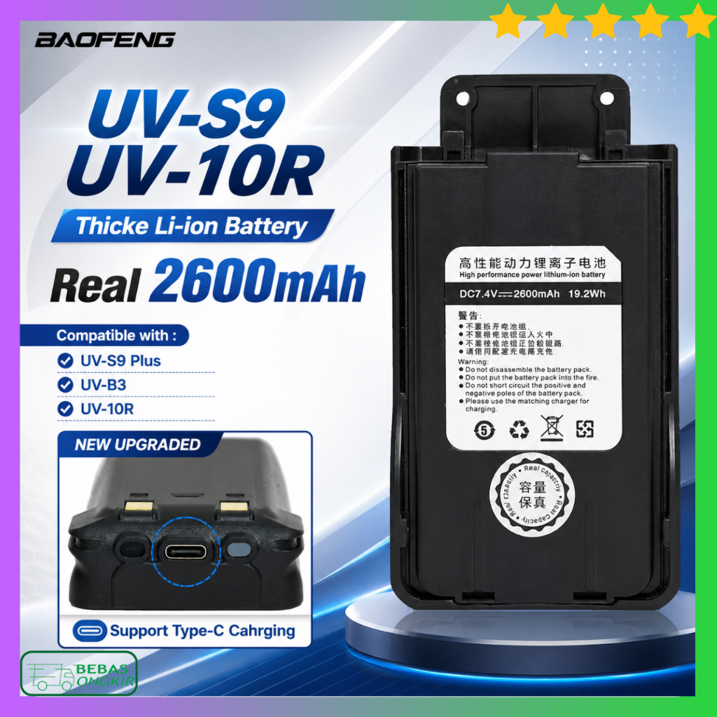 Baterai HT Walkie Talkie Baofeng UV-S9 Plus UV-B3 UV-10R Type C 2600mAh BF-10