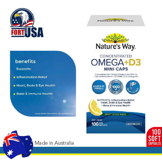 Nature's Way Omega + D3 Mini Capsules 1000mg/Suplemen Fish Oil Vitamin D3